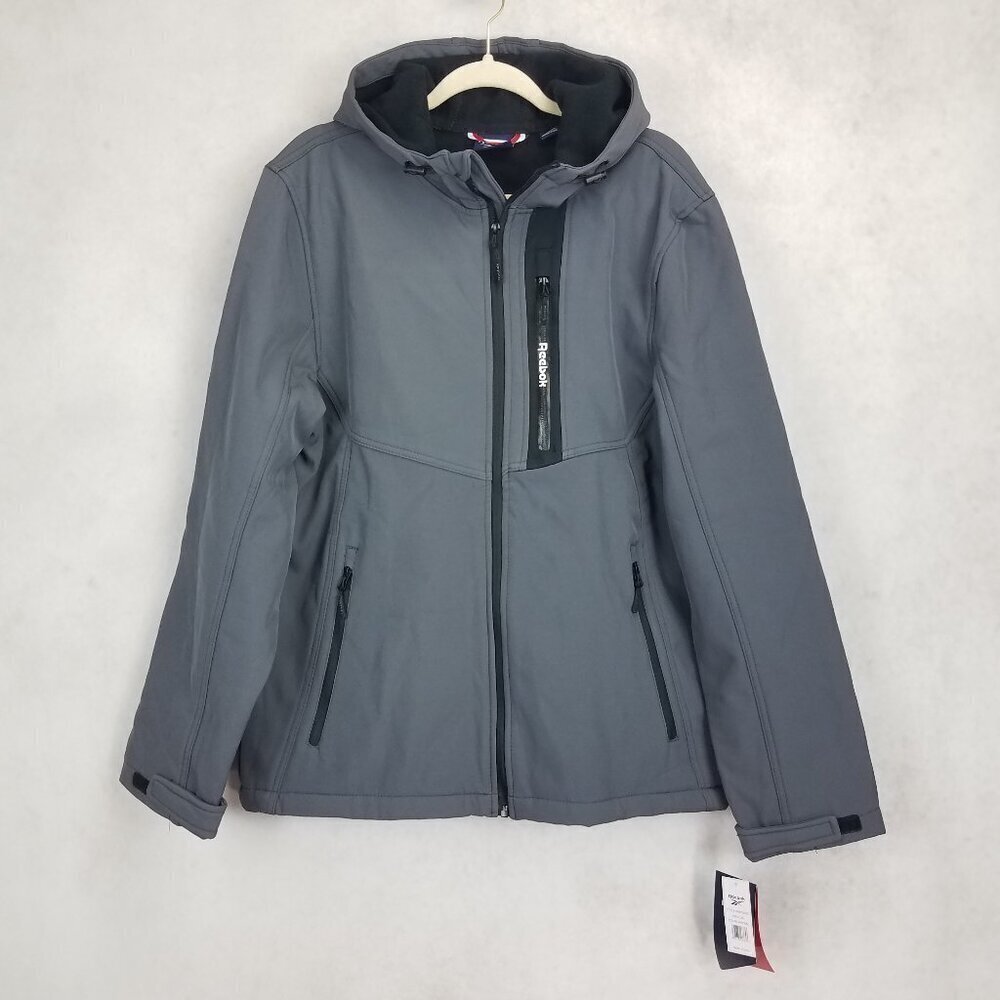 NWT Reebok Soft Shell Jacket Hooded Fleece Lined Charcoal Gray Athletic Men XL